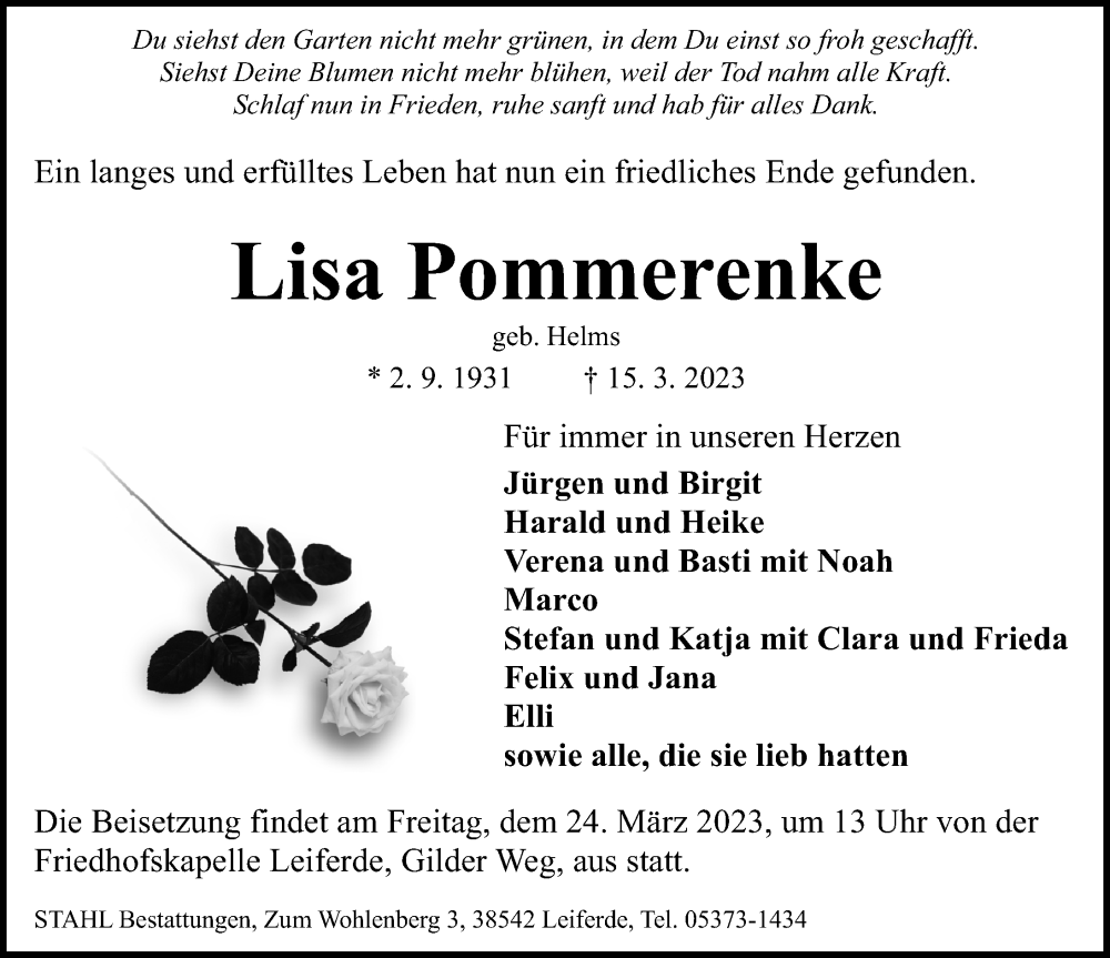  Traueranzeige für Lisa Pommerenke vom 18.03.2023 aus Aller Zeitung