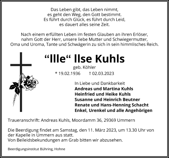 Traueranzeige von llse Kuhls von Aller Zeitung