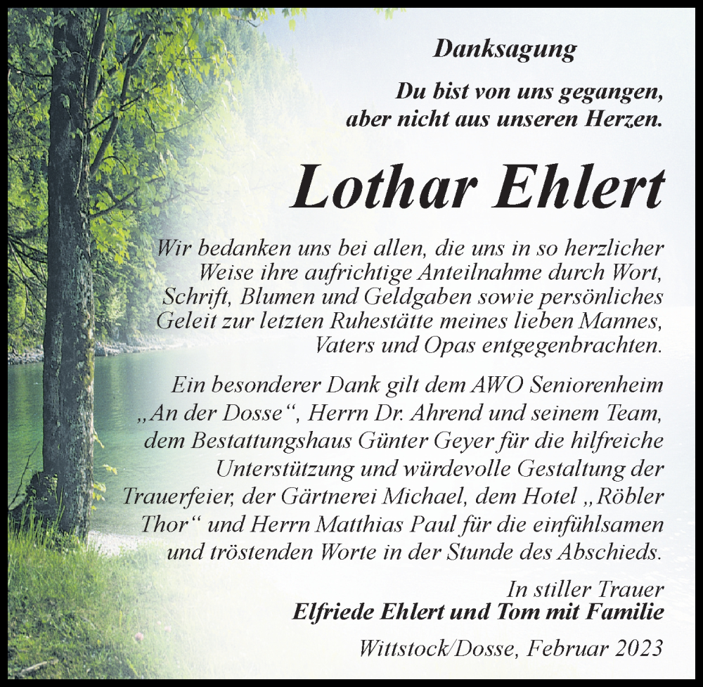  Traueranzeige für Lothar Ehlert vom 11.03.2023 aus Märkischen Allgemeine Zeitung