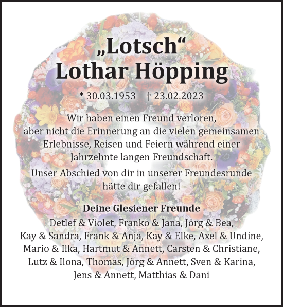 Traueranzeige von Lothar Höpping von Leipziger Volkszeitung