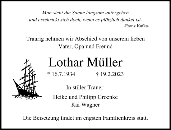 Traueranzeige von Lothar Müller von Ostsee-Zeitung GmbH