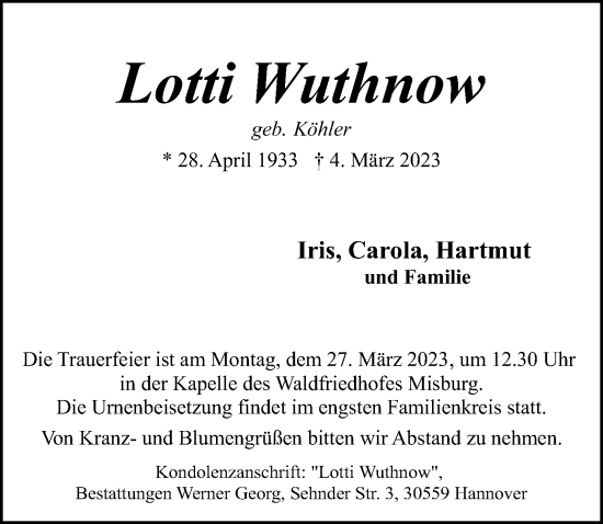 Traueranzeige von Lotti Wuthnow von Hannoversche Allgemeine Zeitung/Neue Presse