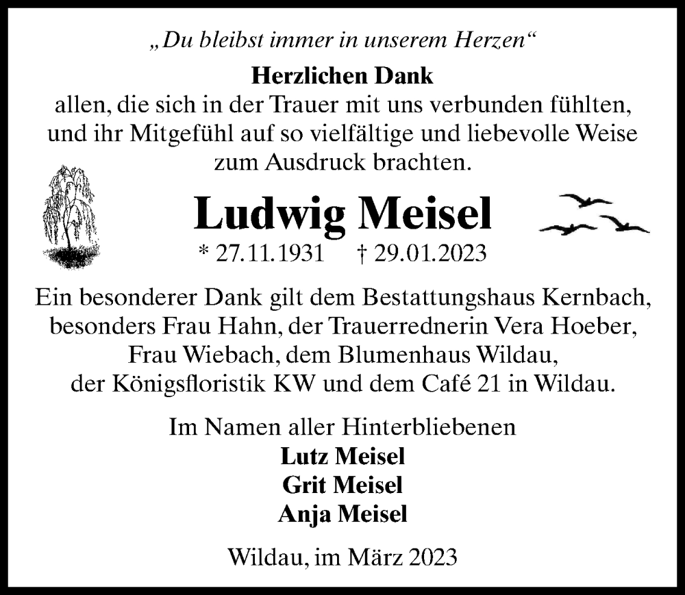 Traueranzeige für Ludwig Meisel vom 18.03.2023 aus Märkischen Allgemeine Zeitung