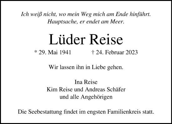 Traueranzeige von Lüder Reise von Lübecker Nachrichten