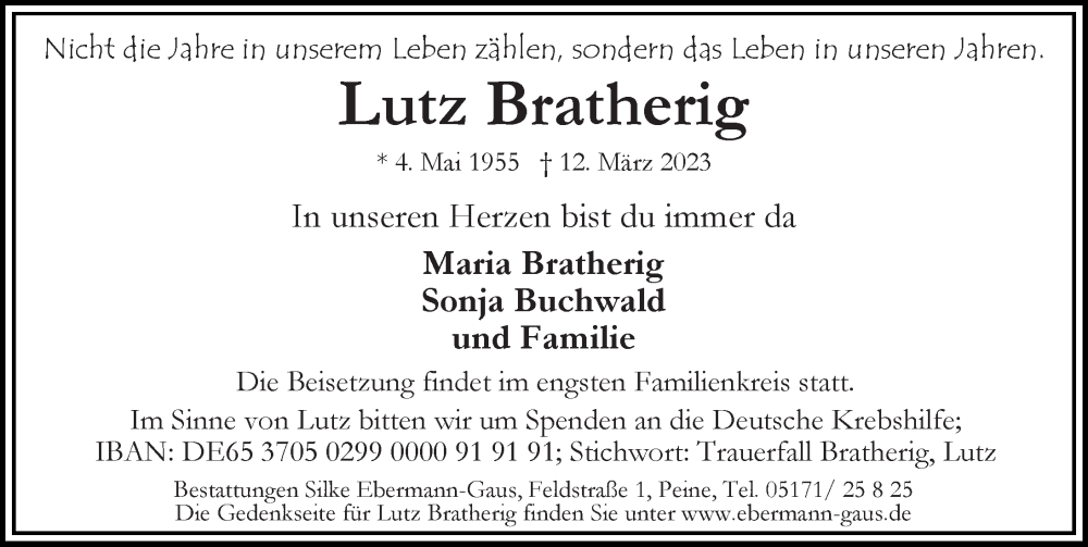  Traueranzeige für Lutz Bratherig vom 18.03.2023 aus Peiner Allgemeine Zeitung
