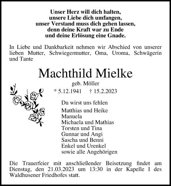 Traueranzeige von Machthild Mielke von Lübecker Nachrichten