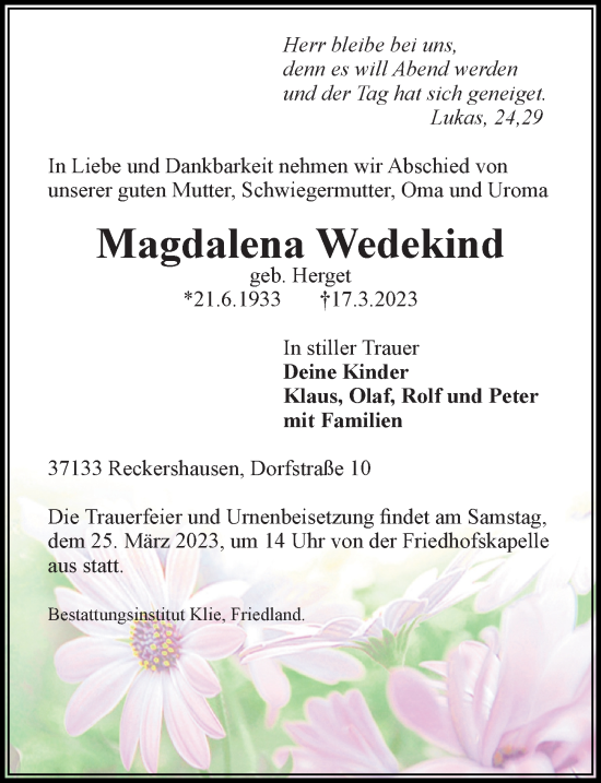 Traueranzeige von Magdalena Wedekind von Göttinger Tageblatt