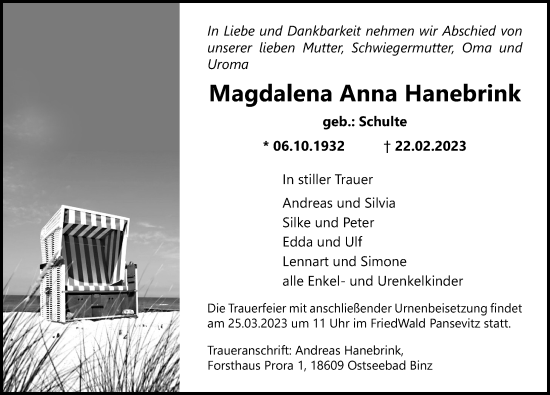 Traueranzeige von Magdalena Anna Hanebrink von Ostsee-Zeitung GmbH