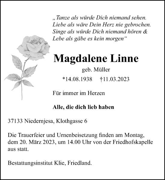 Traueranzeige von Magdalene Linne von Göttinger Tageblatt
