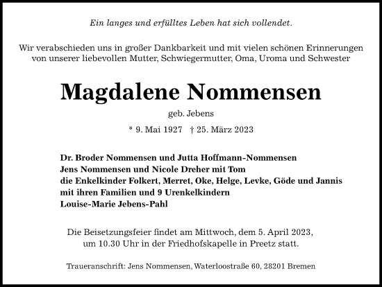 Traueranzeige von Magdalene Nommensen von Kieler Nachrichten