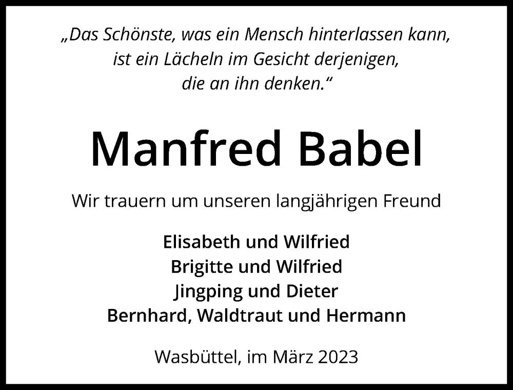  Traueranzeige für Manfred Babel vom 04.03.2023 aus Aller Zeitung