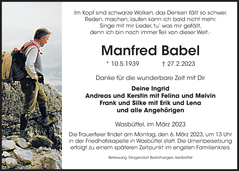  Traueranzeige für Manfred Babel vom 04.03.2023 aus Aller Zeitung