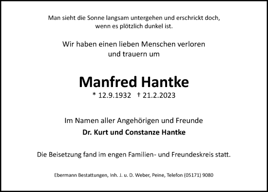 Traueranzeige von Manfred Hantke von Aller Zeitung