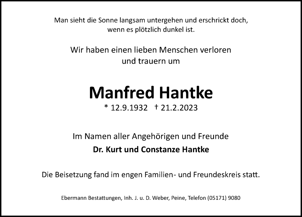  Traueranzeige für Manfred Hantke vom 11.03.2023 aus Aller Zeitung