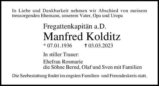 Traueranzeige von Manfred Kolditz von Ostsee-Zeitung GmbH