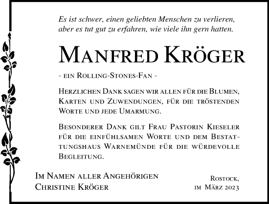Traueranzeige von Manfred Kröger von Ostsee-Zeitung GmbH