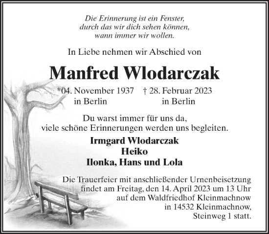 Traueranzeige von Manfred Wlodarczak von Märkischen Allgemeine Zeitung