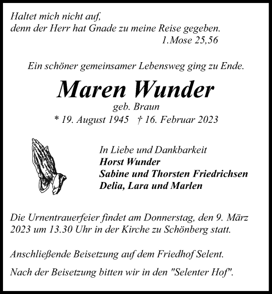 Traueranzeige von Maren Wunder von Kieler Nachrichten
