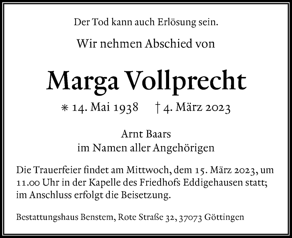  Traueranzeige für Marga Vollprecht vom 11.03.2023 aus Göttinger Tageblatt