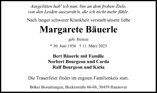 Traueranzeige von Margarete Bäuerle von Hannoversche Allgemeine Zeitung/Neue Presse