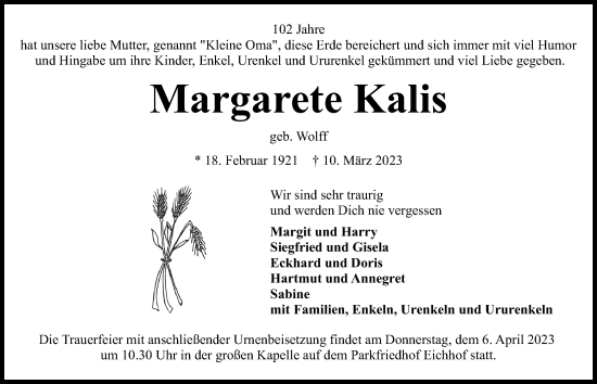 Traueranzeige von Margarete Kalis von Kieler Nachrichten