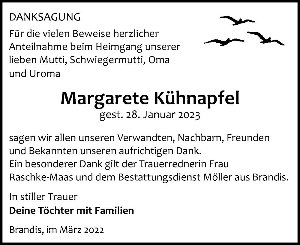  Traueranzeige für Margarete Kühnapfel vom 04.03.2023 aus Leipziger Volkszeitung