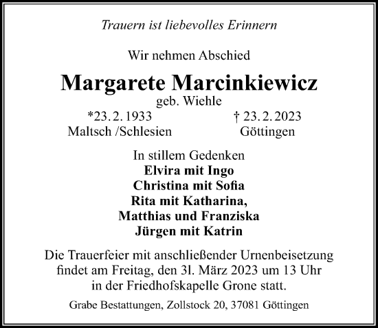 Traueranzeige von Margarete Marcinkiewicz von Göttinger Tageblatt