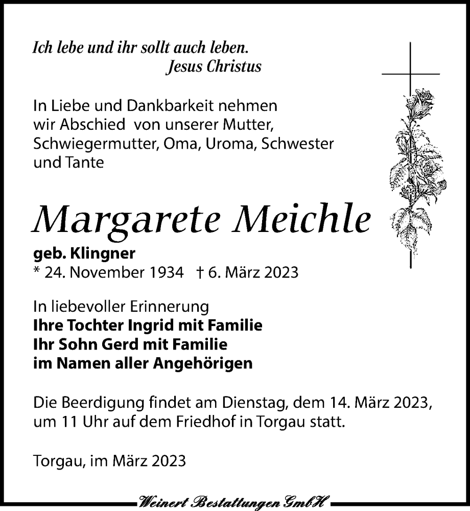  Traueranzeige für Margarete Meichle vom 11.03.2023 aus Torgauer Zeitung
