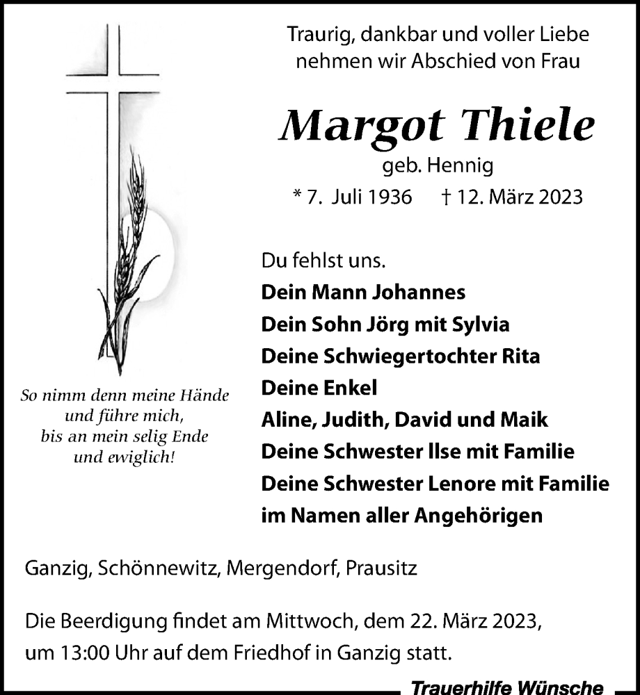  Traueranzeige für Margot Thiele vom 16.03.2023 aus Leipziger Volkszeitung