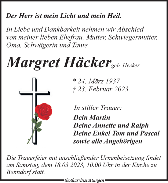 Traueranzeige von Margret Häcker von Leipziger Volkszeitung