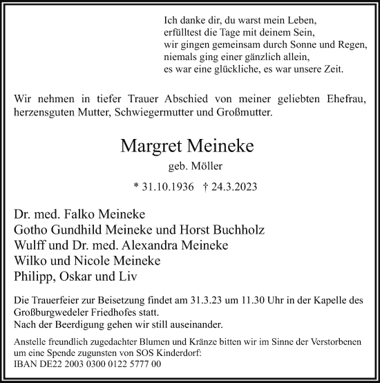 Traueranzeige von Margret Meineke von Hannoversche Allgemeine Zeitung/Neue Presse