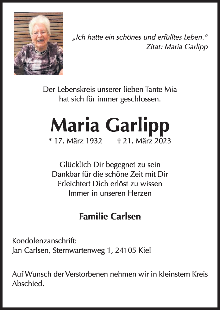  Traueranzeige für Maria Garlipp vom 25.03.2023 aus Kieler Nachrichten