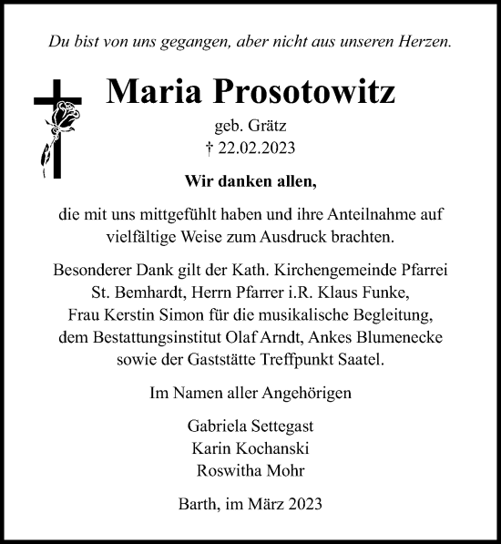 Traueranzeige von Maria Prosotowitz von Ostsee-Zeitung GmbH