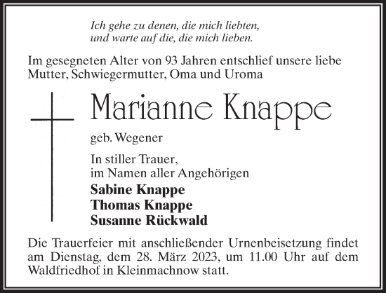 Traueranzeige von Marianne Knappe von Märkischen Allgemeine Zeitung