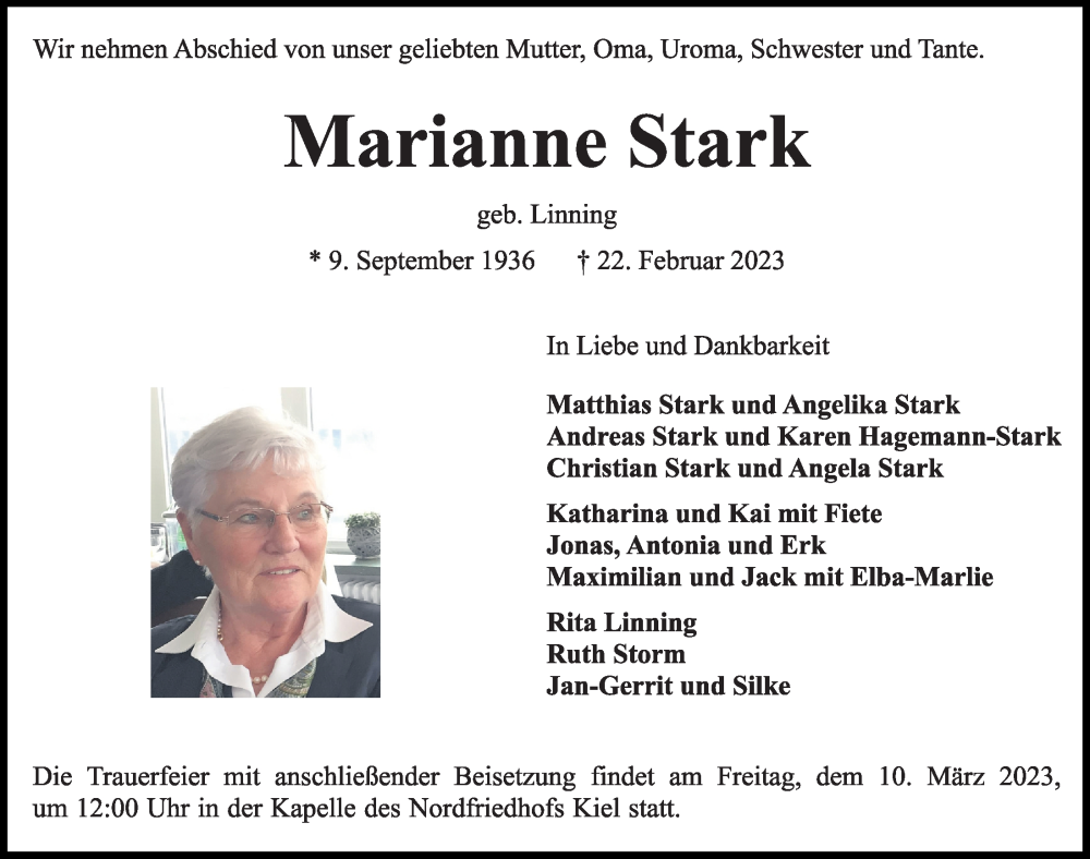  Traueranzeige für Marianne Stark vom 04.03.2023 aus Kieler Nachrichten