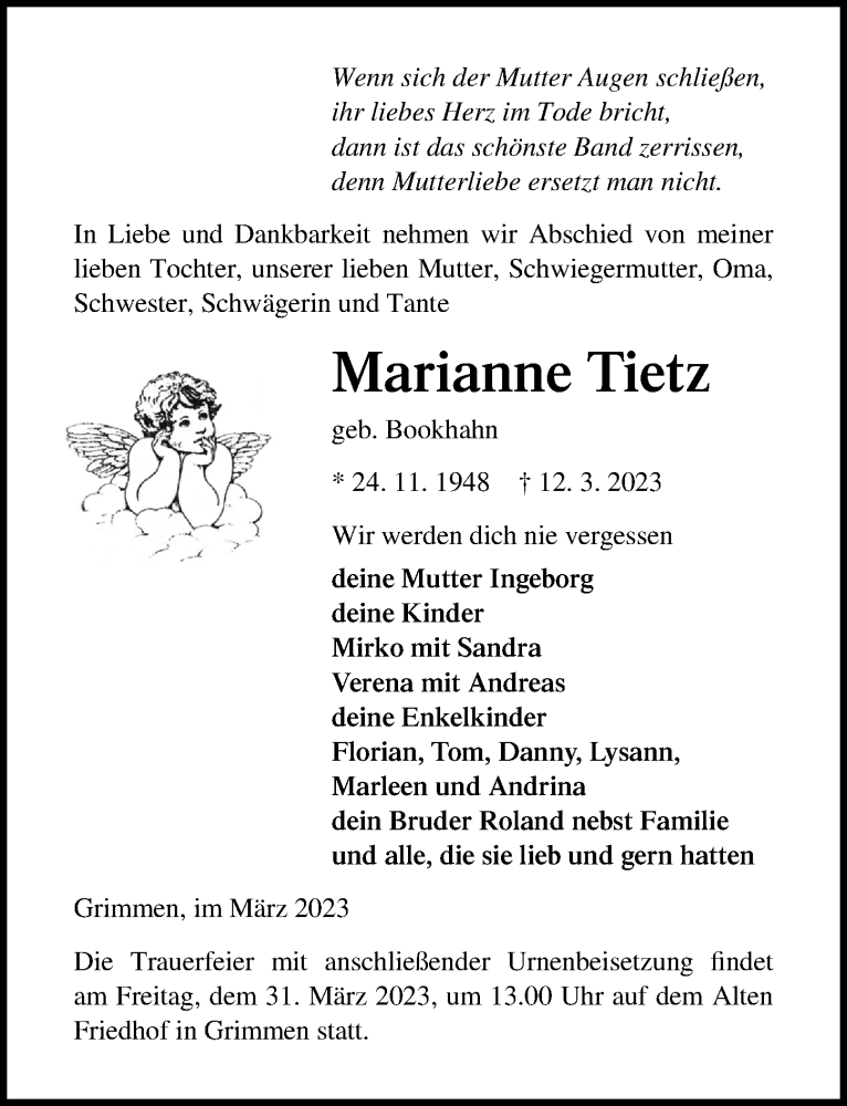  Traueranzeige für Marianne Tietz vom 18.03.2023 aus Ostsee-Zeitung GmbH