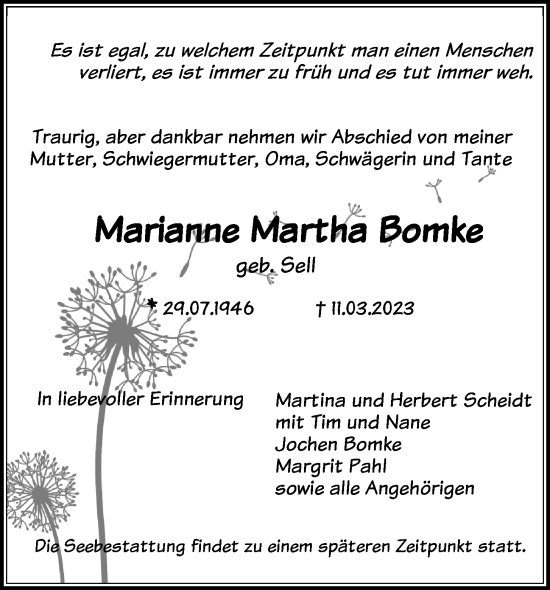 Traueranzeige von Marianne Martha Bomke von Kieler Nachrichten