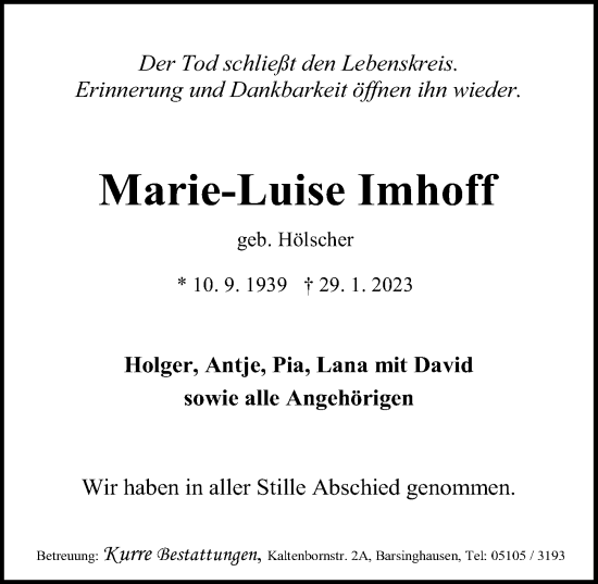 Traueranzeige von Marie-Luise Imhoff von Hannoversche Allgemeine Zeitung/Neue Presse