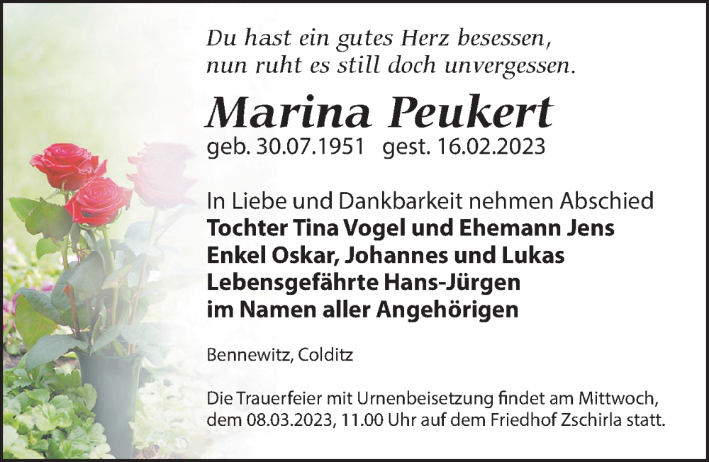  Traueranzeige für Marina Peukert vom 04.03.2023 aus Leipziger Volkszeitung