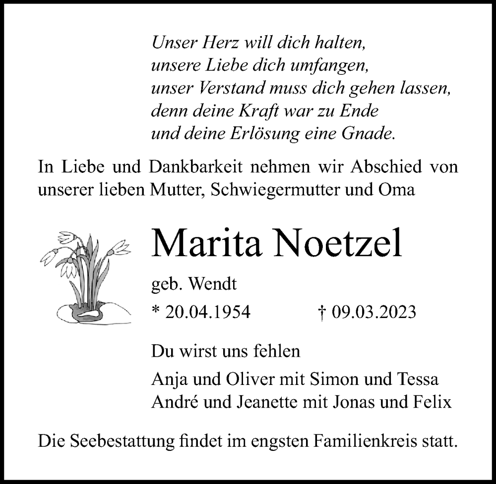  Traueranzeige für Marita Noetzel vom 25.03.2023 aus Ostsee-Zeitung GmbH