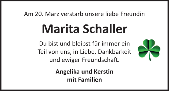Traueranzeige von Marita Schaller von Lübecker Nachrichten