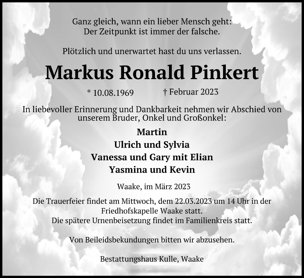  Traueranzeige für Markus Ronald Pinkert vom 18.03.2023 aus Göttinger Tageblatt