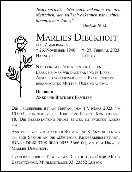 Traueranzeige von Marlies Dieckhoff von Lübecker Nachrichten