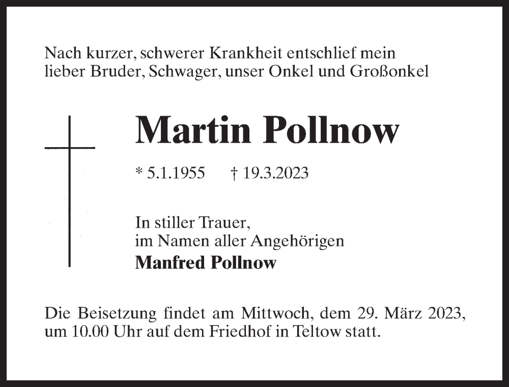  Traueranzeige für Martin Pollnow vom 25.03.2023 aus Märkischen Allgemeine Zeitung