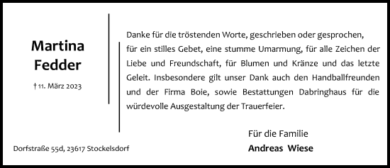 Traueranzeige von Martina Fedder von Lübecker Nachrichten