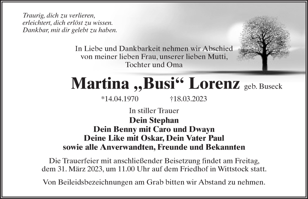  Traueranzeige für Martina Lorenz vom 25.03.2023 aus Märkischen Allgemeine Zeitung