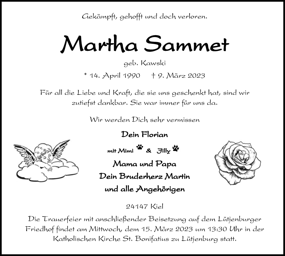  Traueranzeige für Marttha Sammet vom 11.03.2023 aus Kieler Nachrichten