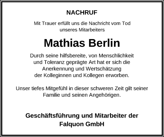 Traueranzeige von Mathias Berlin von Märkischen Allgemeine Zeitung