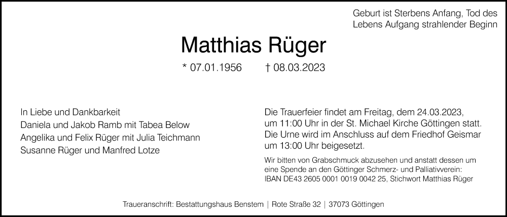  Traueranzeige für Matthias Rüger vom 18.03.2023 aus Göttinger Tageblatt