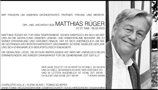 Traueranzeige von Matthias Rüger von Göttinger Tageblatt